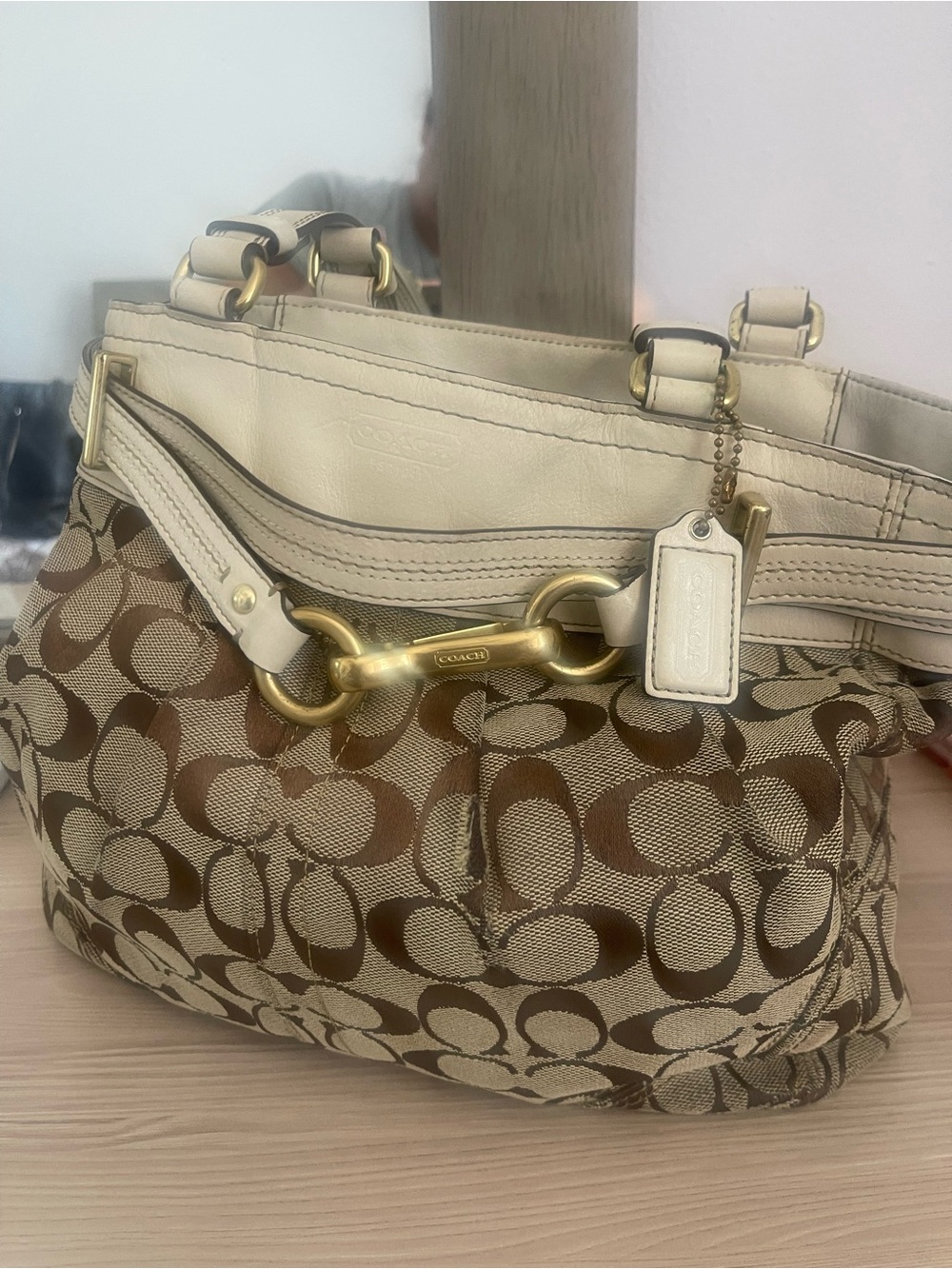 Coach Brown/Beige Signature Canvas Shoulder Bag with Gold Hardware